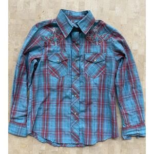 Cowgirl Legend Shirt Youth M Turquoise Plaid Pearl-Snap Rodeo Western Bling